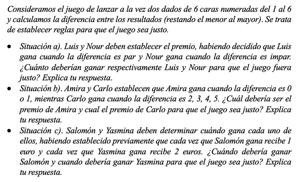 Tarea propuesta a los estudiantes sobre juego justo